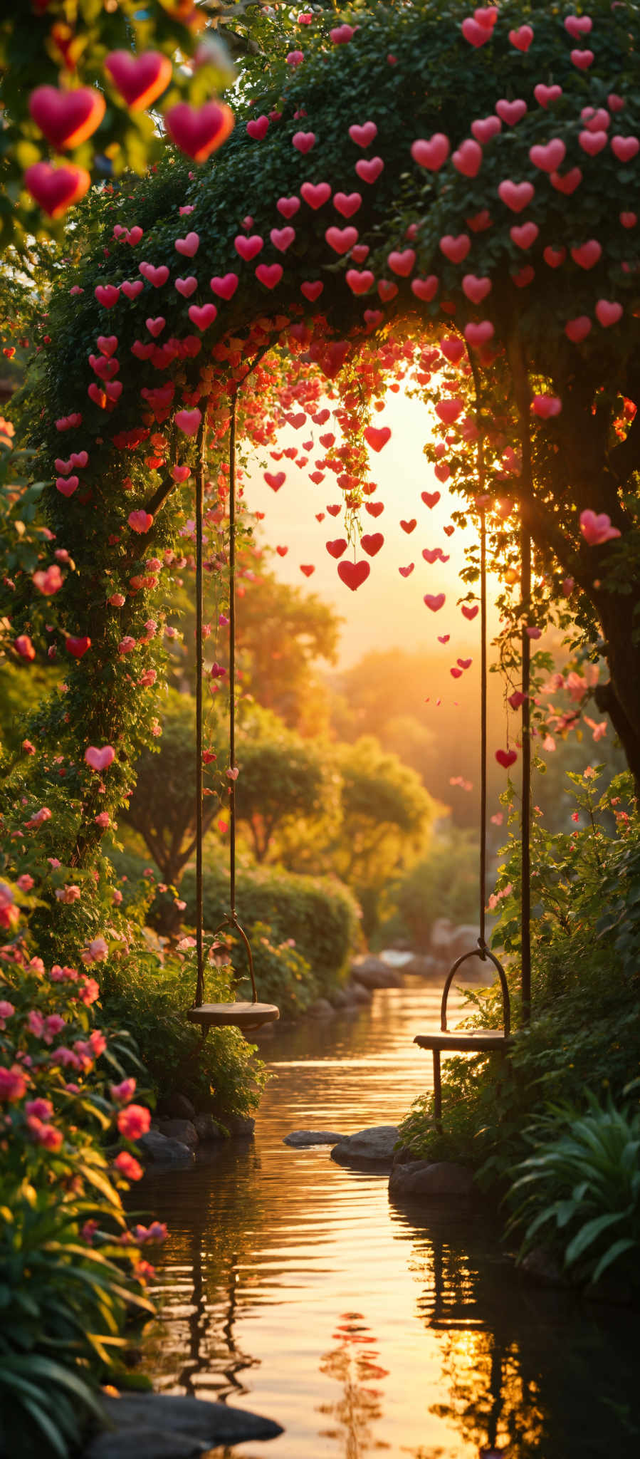 A serene garden scene with a small pond surrounded by lush greenery and pink flowers. Two swings hang from a tree one of which is occupied by a child. The swings are suspended from a rope and the tree is adorned with pink flowers and green leaves. The pond is home to a few small fish and a small waterfall cascades into it. The sky above is a clear blue and pink and orange hues paint the sky as the sun sets. The image captures a moment of tranquility and joy in nature.