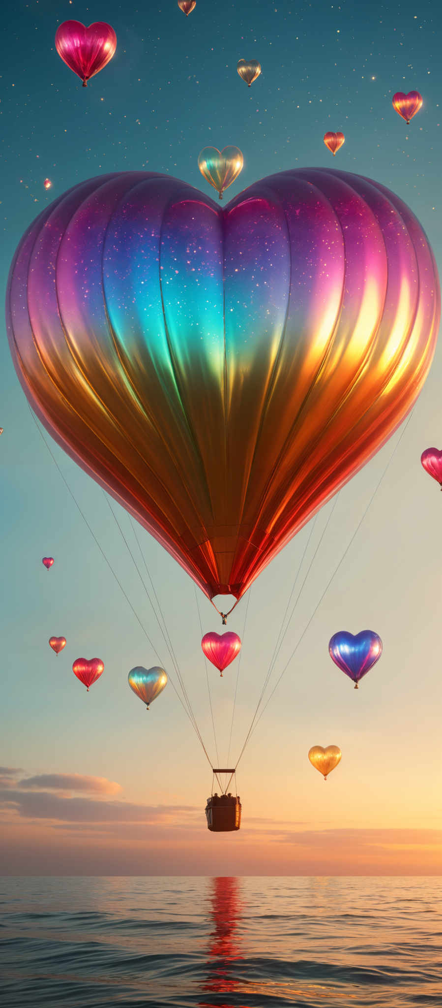 A colorful hot air balloon with hearts floating in the sky.