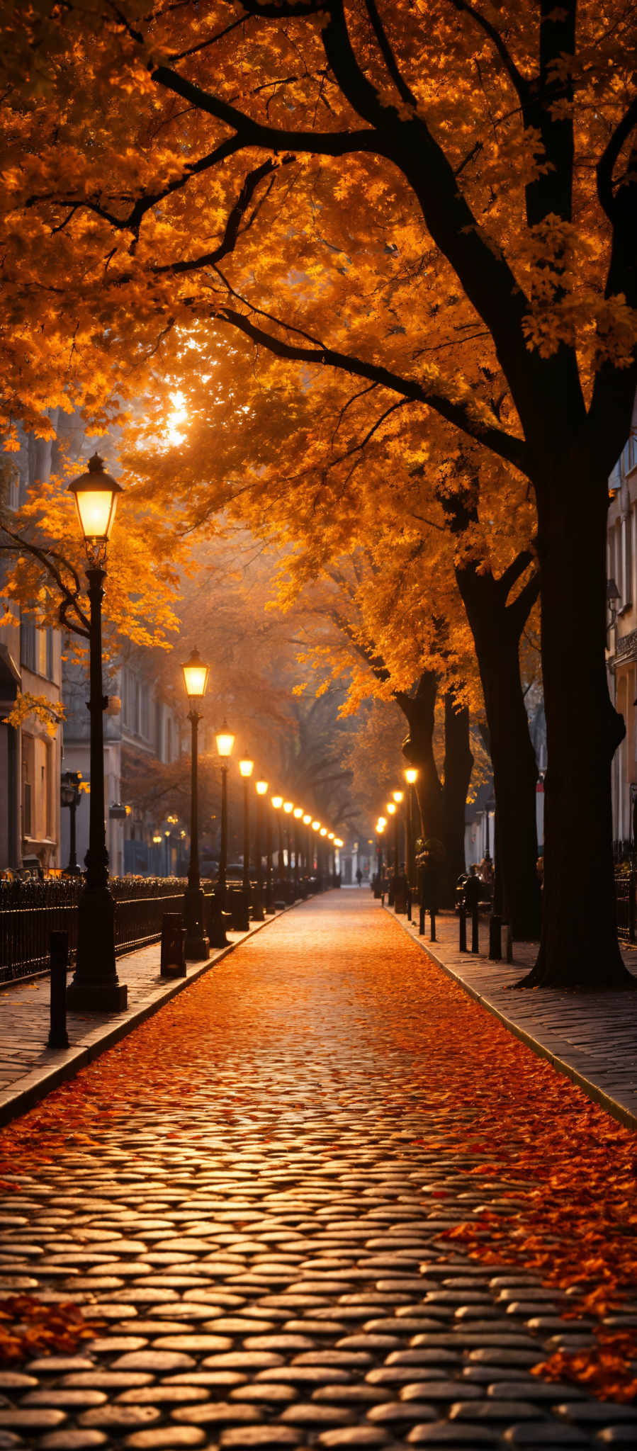 A long tree-lined walkway bathed in the warm glow of street lamps. The walkway is paved with red bricks adding a rustic charm to the scene. The trees adorned with yellow leaves stand tall on either side of the walkway their branches reaching out as if to touch each other. The street lamps evenly spaced along the walk cast a soft light that illuminates the path and the surrounding area. The perspective of the photo is from the ground level looking down the length of the path giving a sense of depth and distance. The image captures a serene and peaceful atmosphere inviting one to take a leisurely stroll down this beautiful walkway.