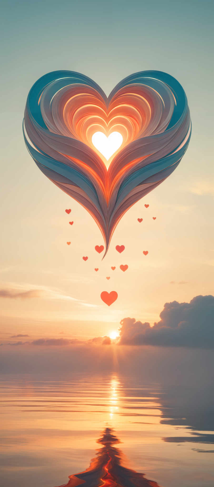 A heart-shaped kite is flying in the sky surrounded by smaller hearts.