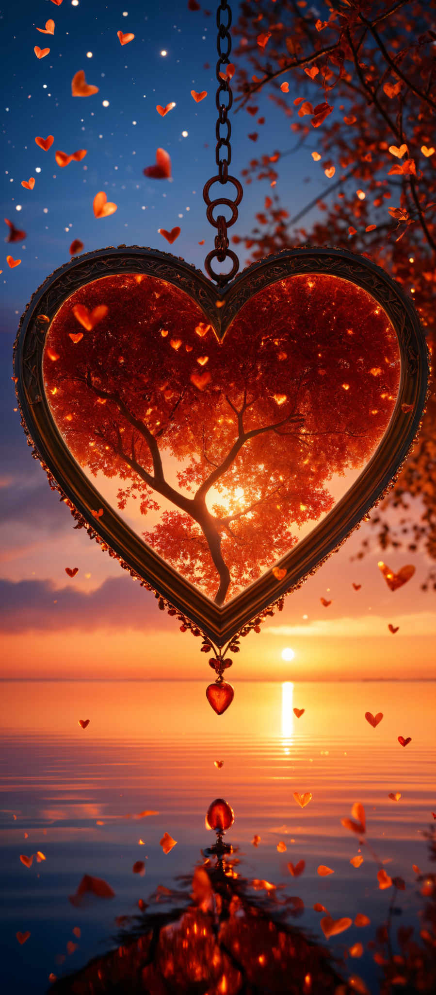 A heart-shaped mirror with a tree reflected in it. The tree is surrounded by red leaves. The mirror is set against a backdrop of a sunset over a body of water.