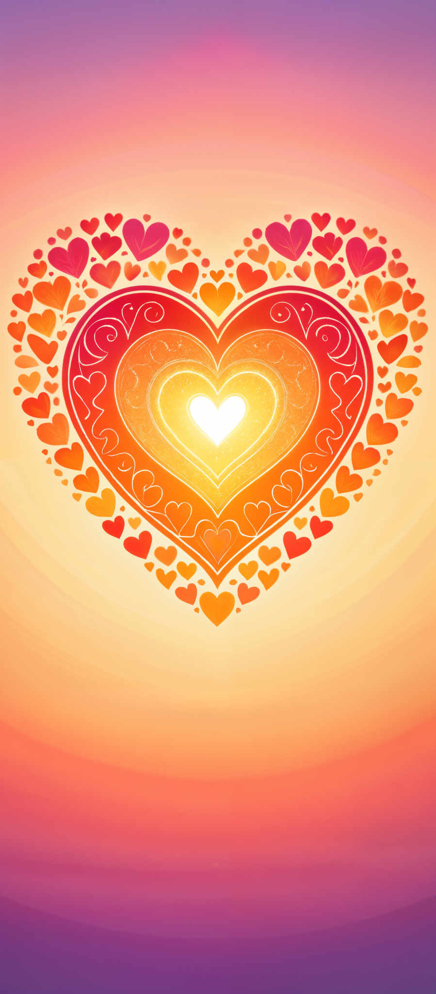 A heart-shaped design with a yellow center and orange and red hearts surrounding it.