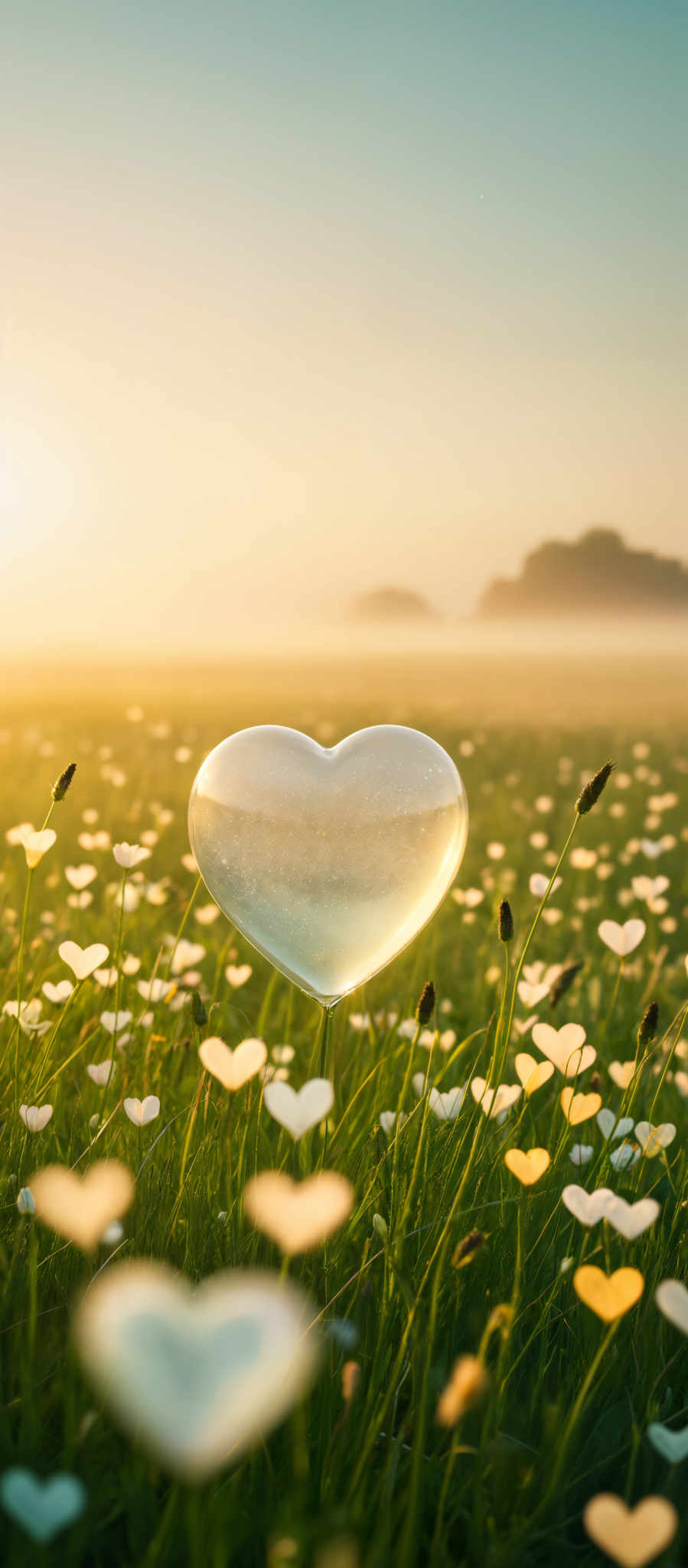 A heart-shaped glass is surrounded by a field of flowers.