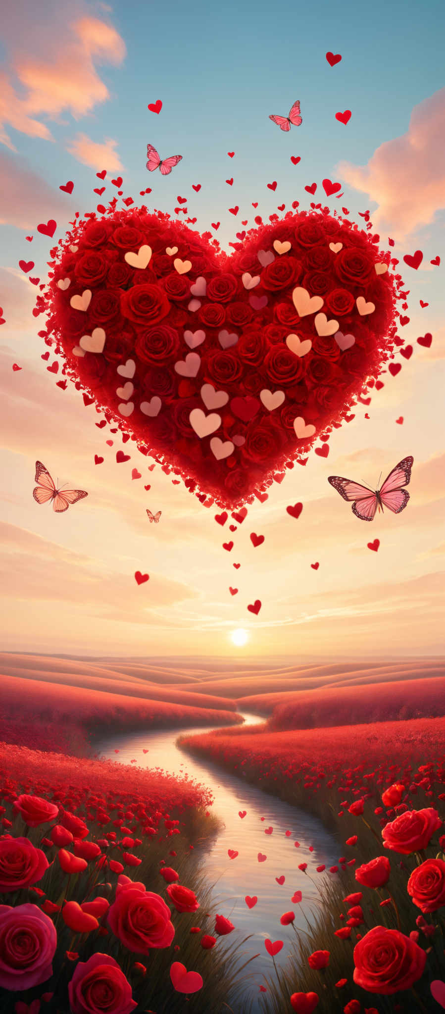 A heart-shaped arrangement of red roses and hearts floats in the sky above a sunset.