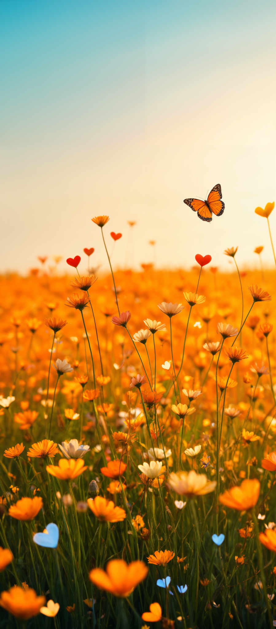 A field of flowers with a butterfly flying over them.