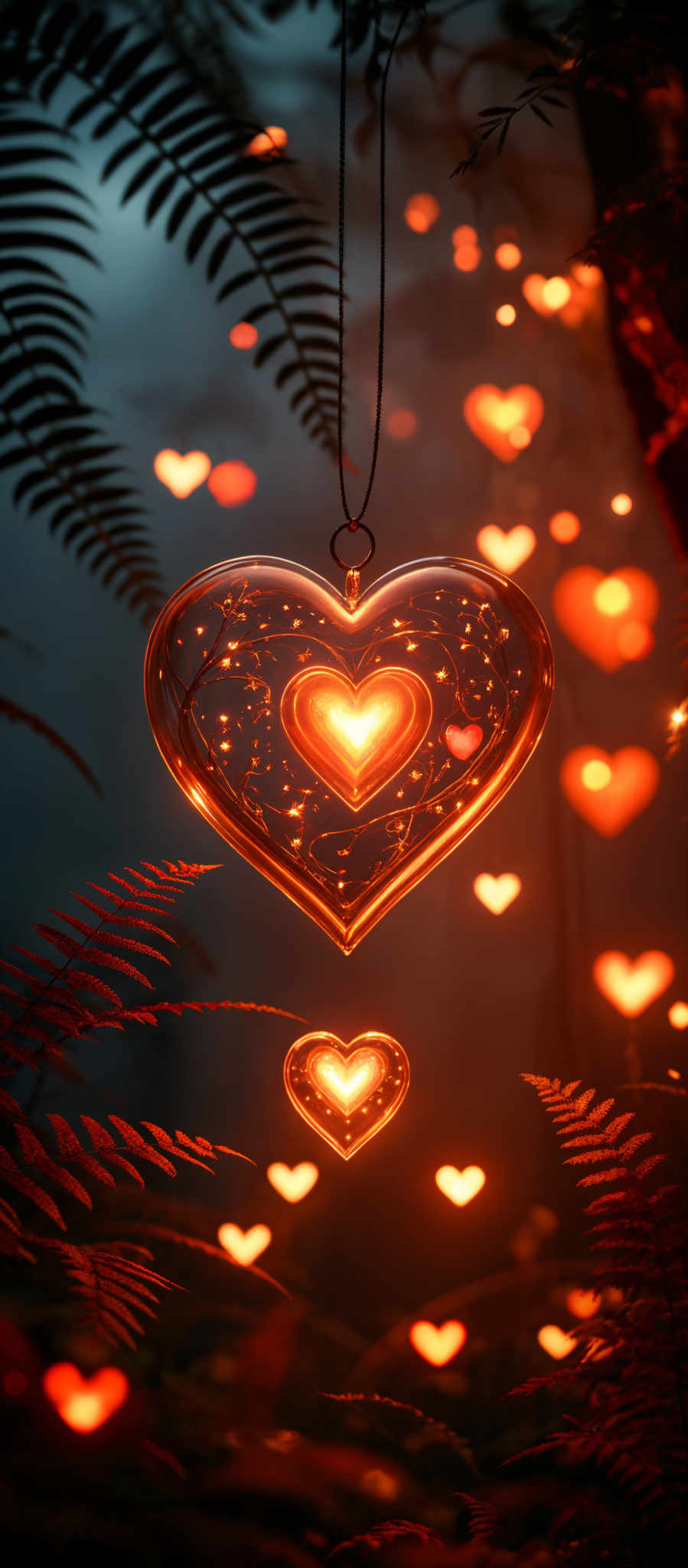 A heart-shaped ornament with a string hanging from it. The heart is made of glass and is illuminated by small orange lights. It is surrounded by ferns and other plants.