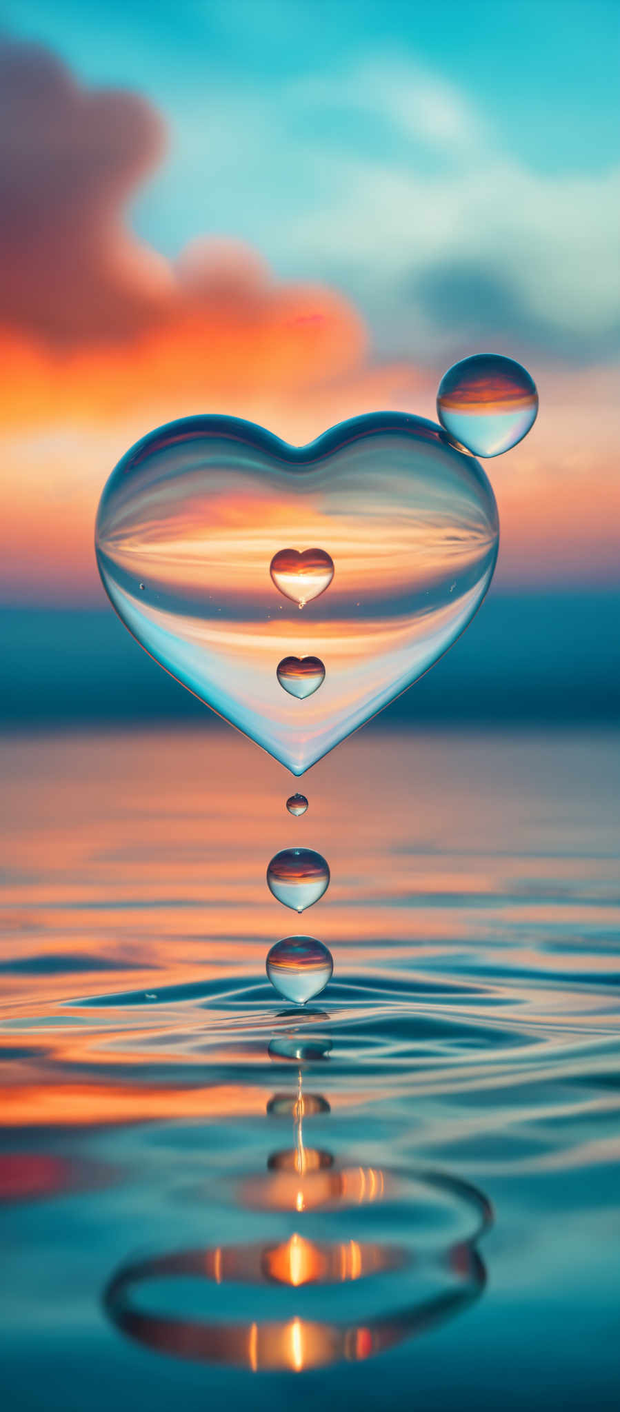 A heart-shaped glass is filled with water and bubbles.