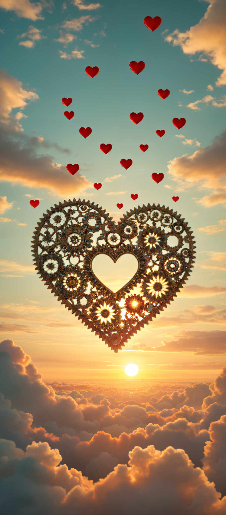 A heart-shaped metal sculpture is set against a sunset sky. The heart is composed of numerous gears and cogs giving it a mechanical appearance. The gears are in various shades of gold and silver and they are arranged in a way that they form the shape of a heart. The cogs are smaller and are scattered throughout the heart adding to its intricate design. The background is a beautiful sunset with the sun setting behind the heart. There are red hearts floating in the sky adding a touch of color to the scene. The image is a stunning representation of love and machinery set against the backdrop of a sunset.