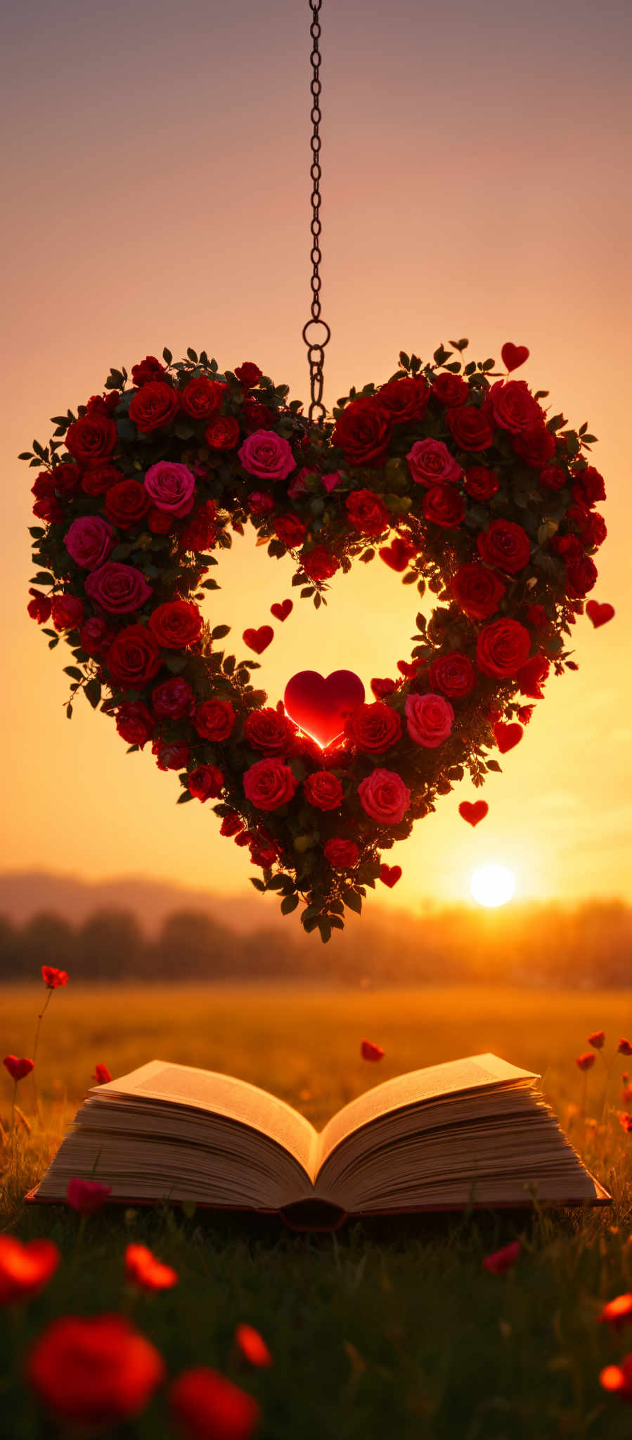 A heart-shaped arrangement of red roses with a sunset in the background.