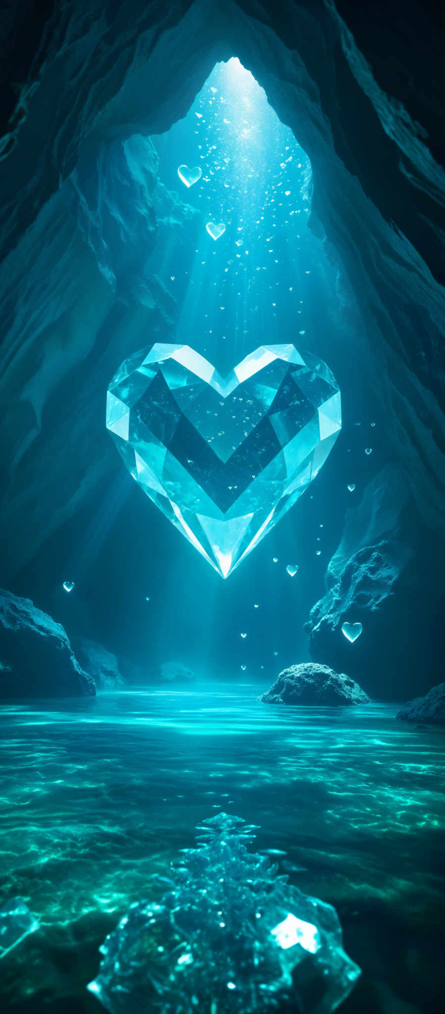 A heart-shaped crystal is suspended in a dark blue cave.