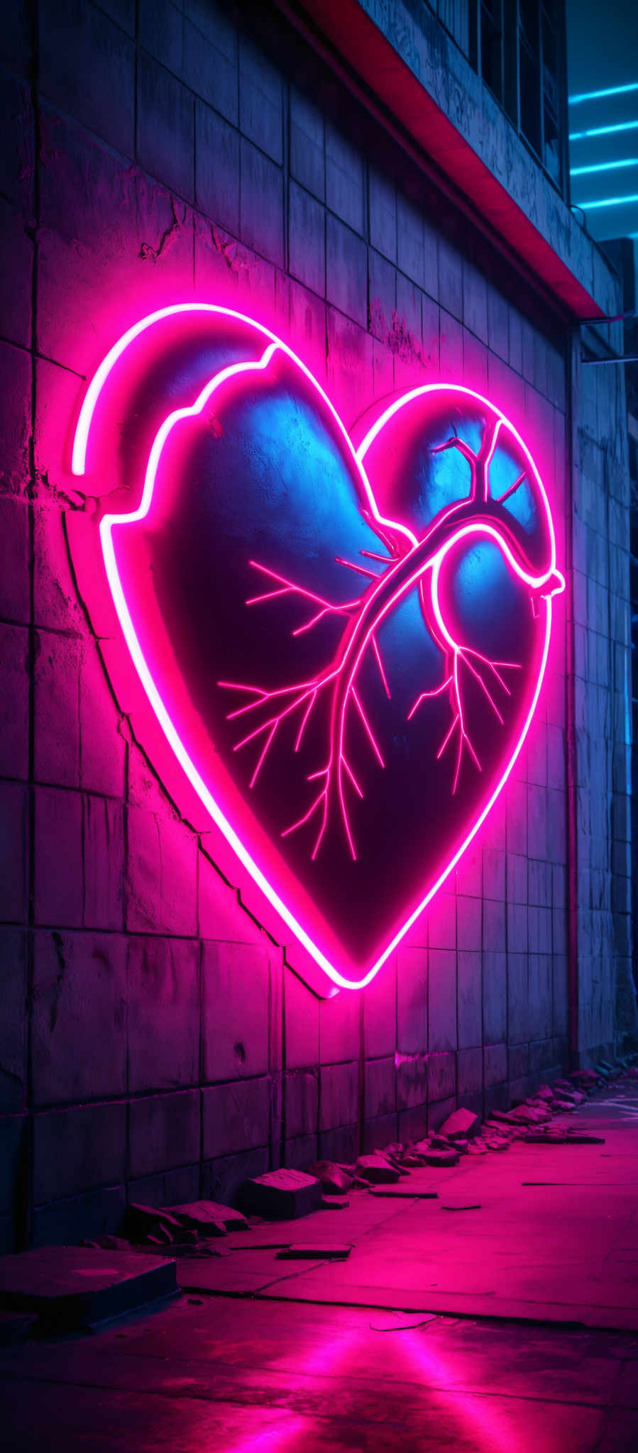 A neon heart with branches on it is lit up against a brick wall.