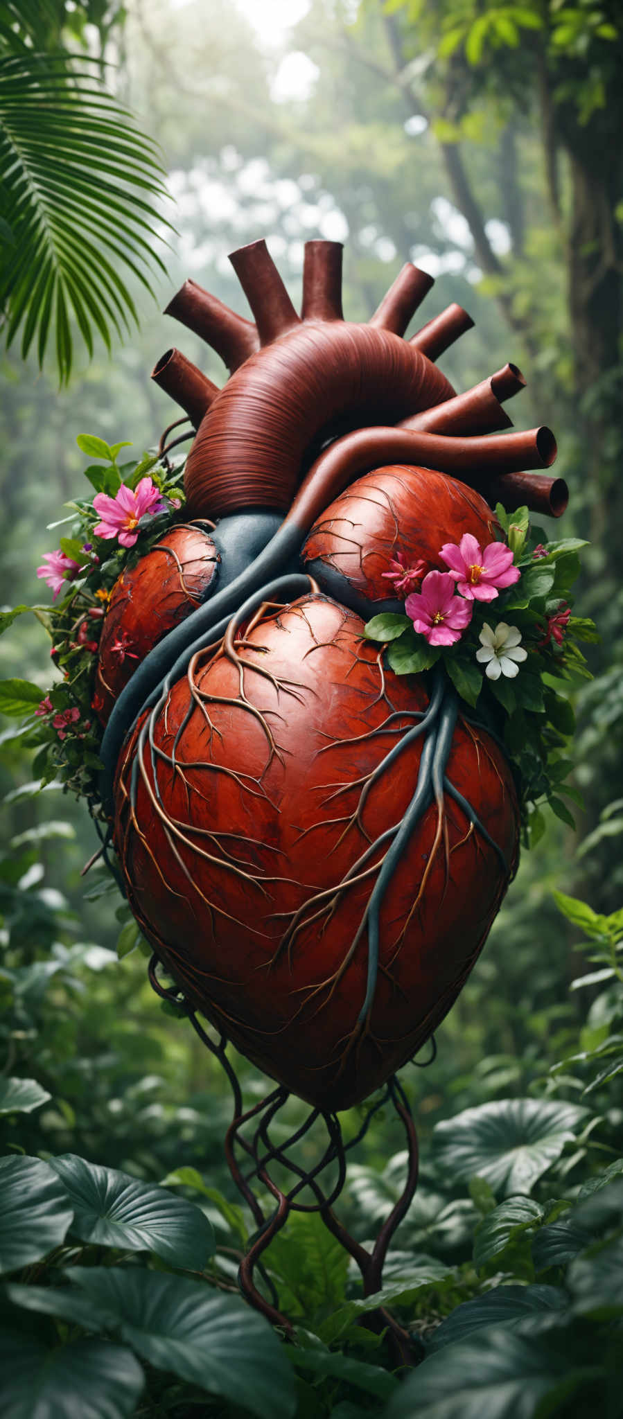 A heart made of branches and leaves with flowers on it.