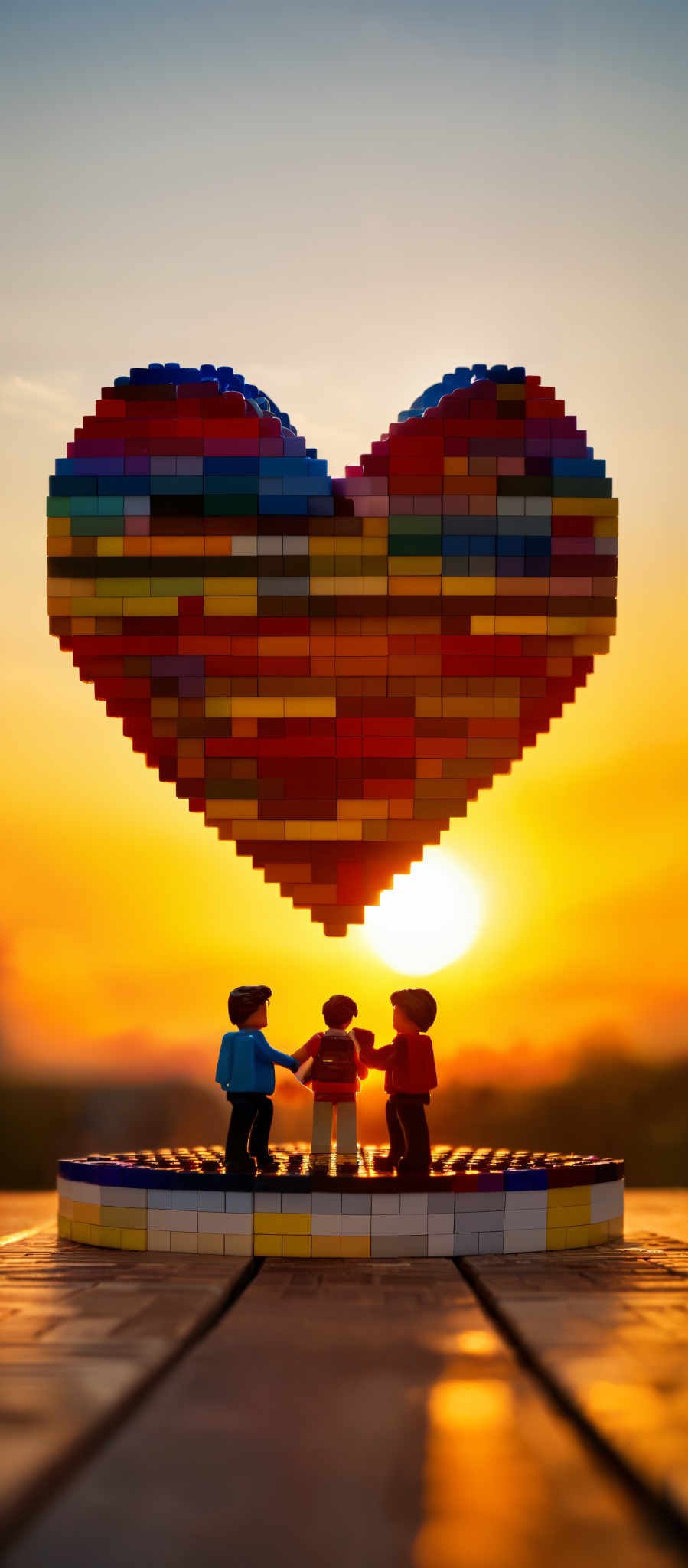 Three children are standing in front of a large heart-shaped mosaic. The heart is made up of small squares in various colors. The children are wearing jackets and are standing close together. The sun is setting in the background casting a warm glow on the scene.