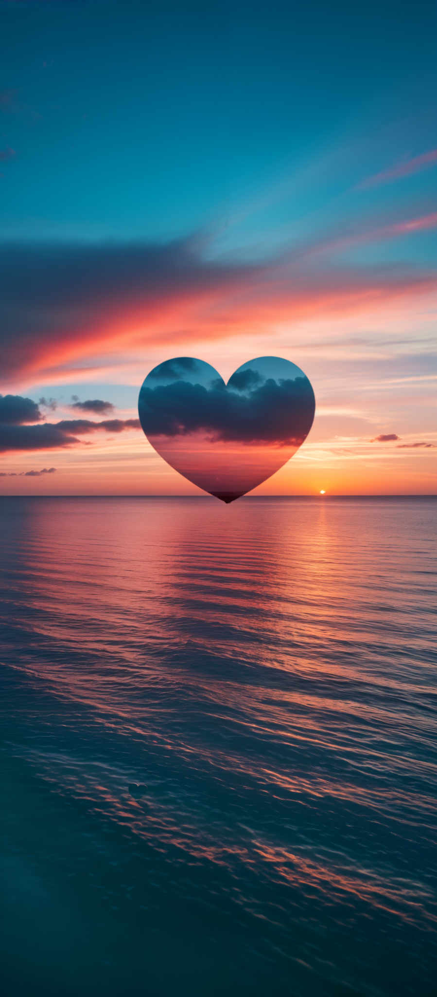 A heart-shaped object is floating in the ocean during a sunset.