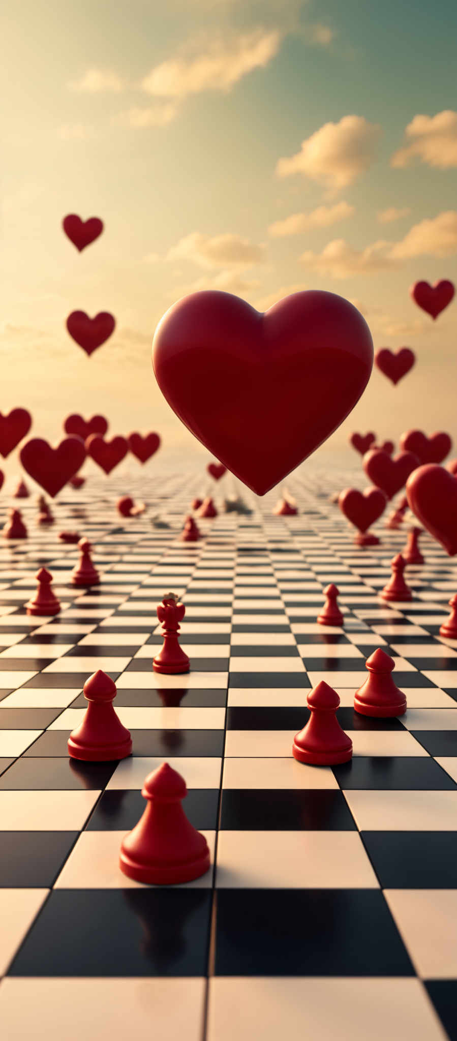 A heart-shaped balloon floats above a chessboard with smaller hearts scattered around the board.