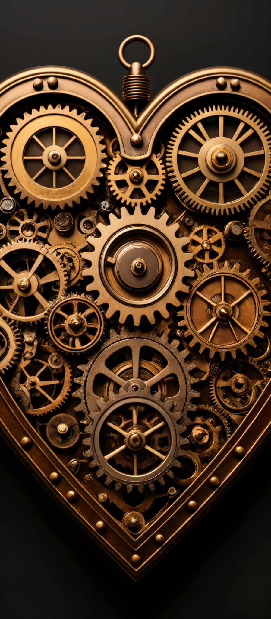 A close up of a clock face with gold gears and hands.