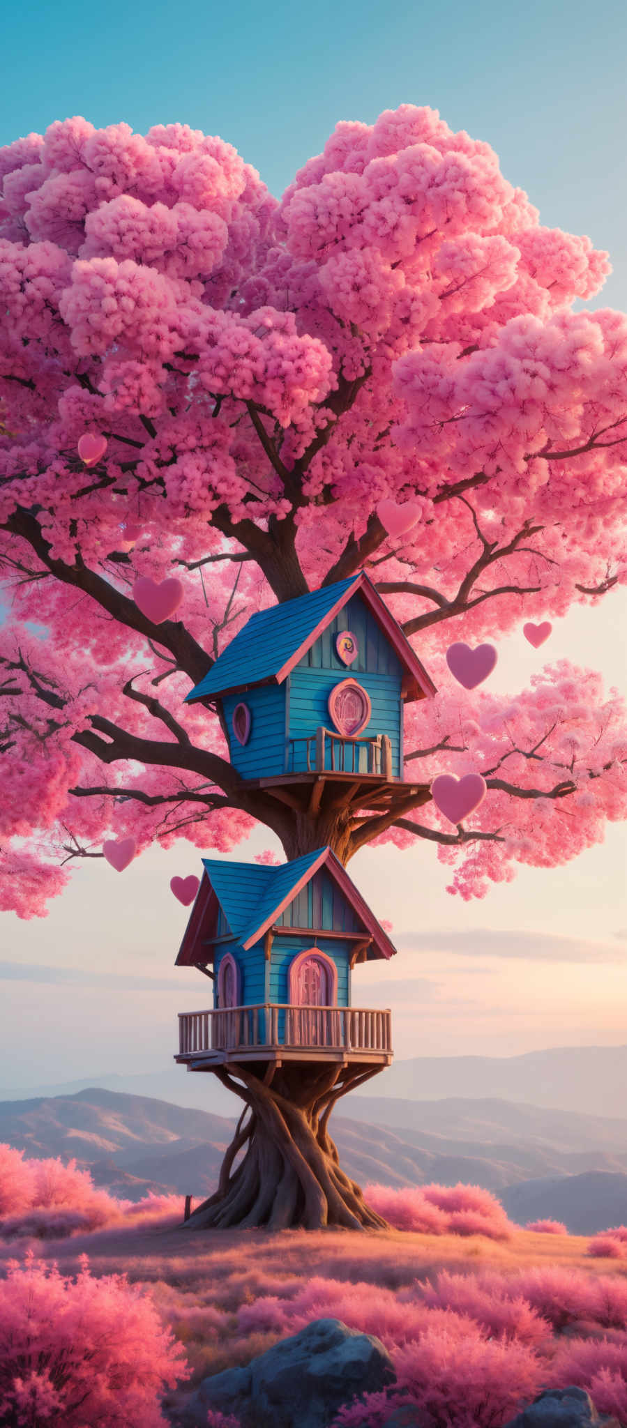 A whimsical scene of a blue house with a pink tree. The house painted in a vibrant shade of blue is topped with a green roof. It features a small window and a door adding to its charm. The tree adorned with pink flowers has a heart-shaped sign hanging from it. The background is a clear blue sky providing a beautiful contrast to the pink tree and the blue house. The image is a delightful blend of colors and shapes creating a visually appealing scene.