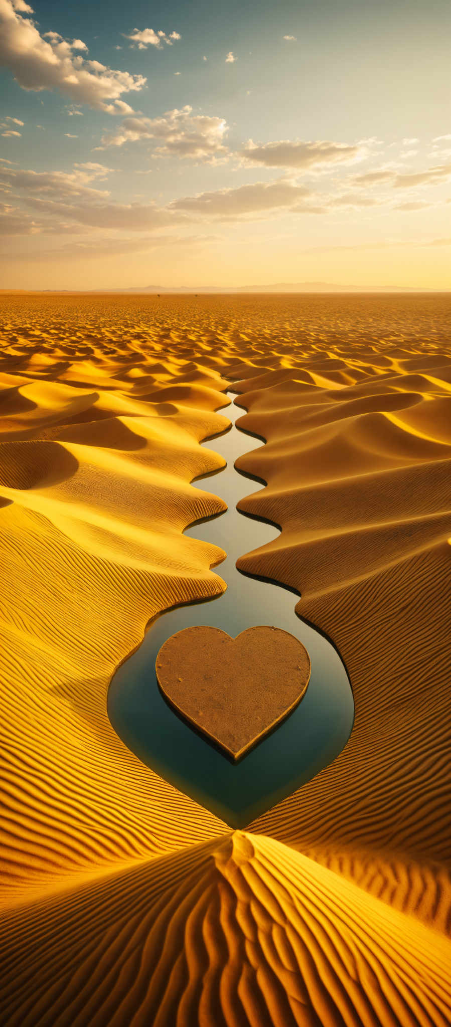 A heart-shaped object is surrounded by sand dunes.