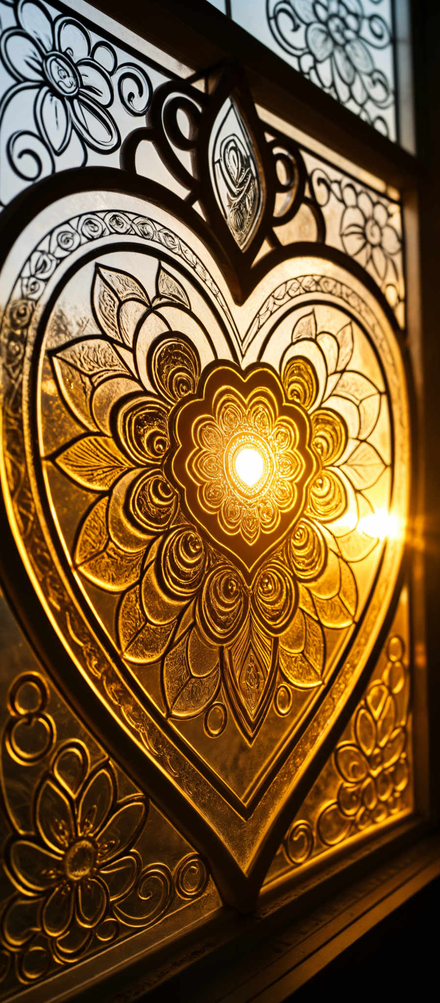 A golden heart shaped stained glass window with a sunburst design in the center.