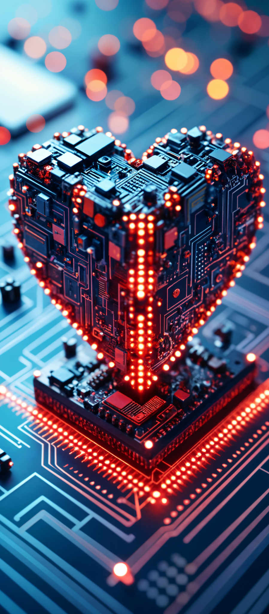 A heart-shaped structure made of circuit boards and glowing red lights.