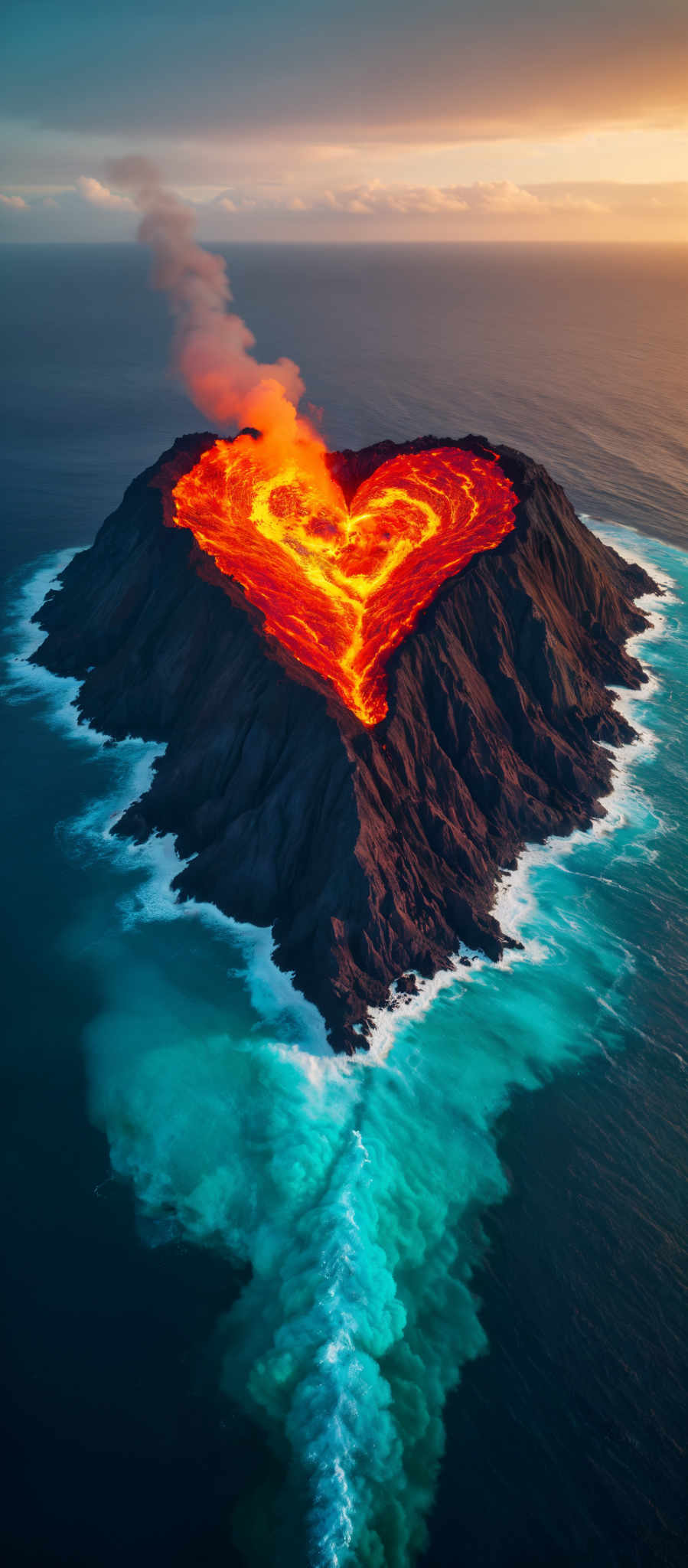 A heart-shaped lava flow on a black island in the ocean.