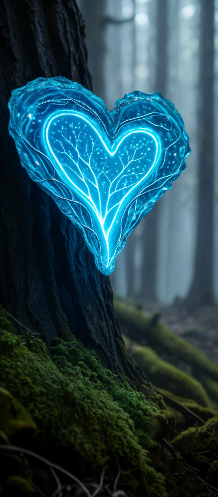 A blue heart-shaped object is hanging from a tree branch.