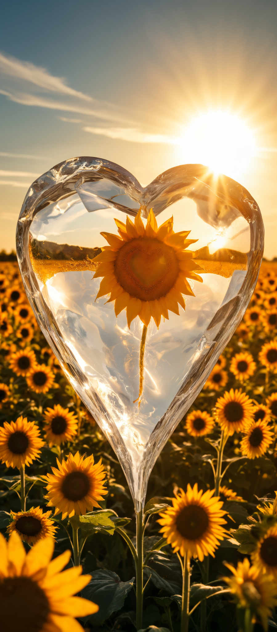 A heart-shaped glass sculpture of a sunflower in a field of sunflowers.