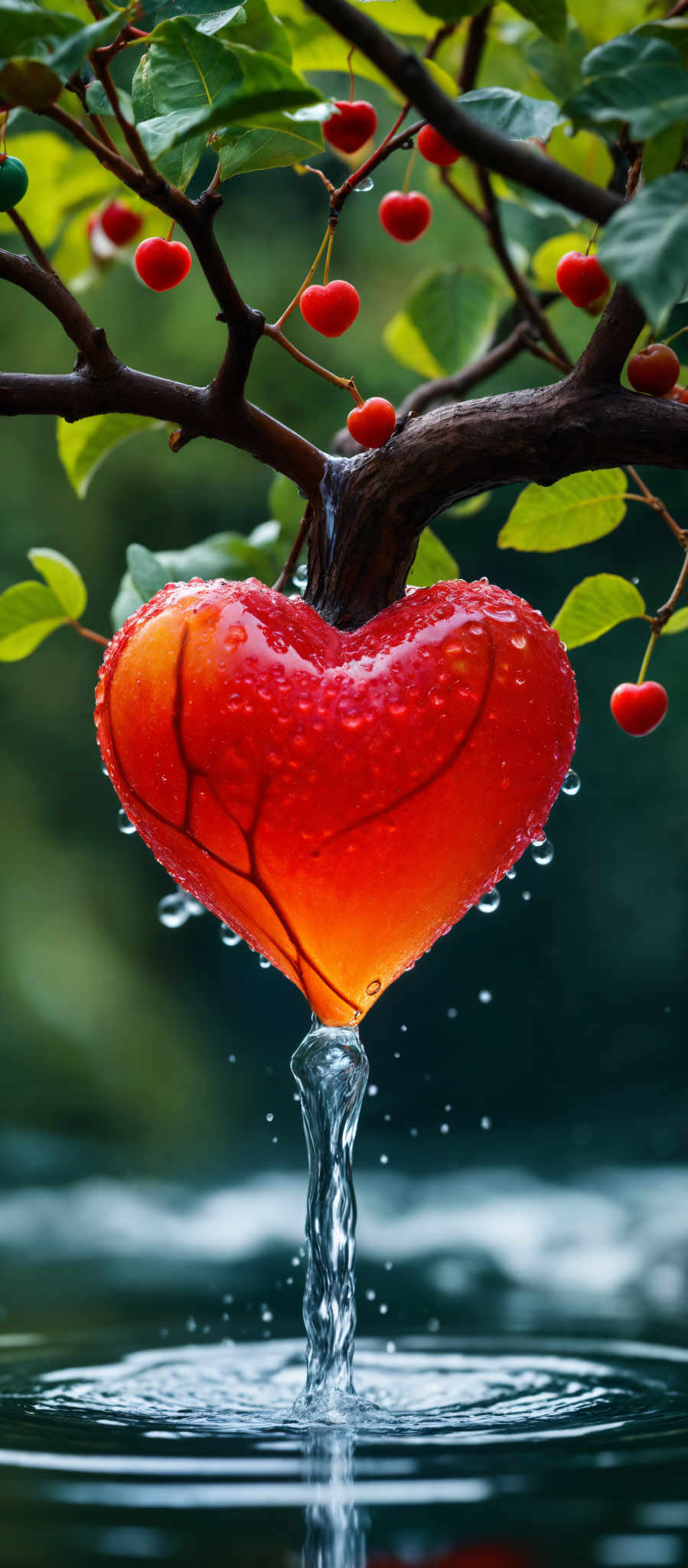 A heart-shaped apple is dripping with water and surrounded by cherries.