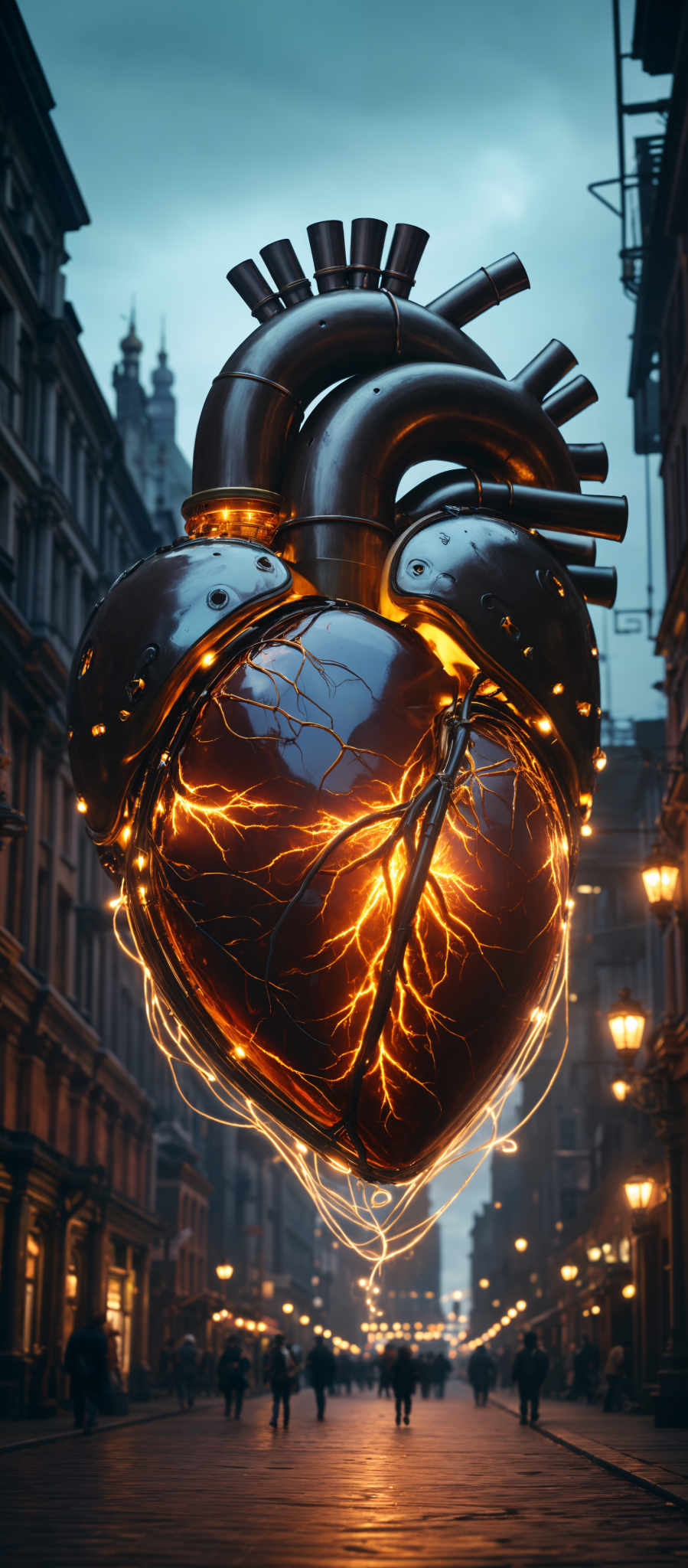 A heart-shaped sculpture made of black metal with orange lights inside.