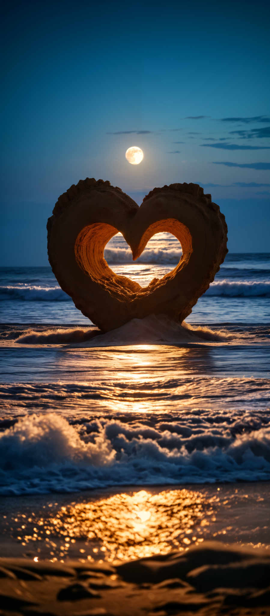 A heart-shaped sculpture made of sand is set on the beach at sunset.