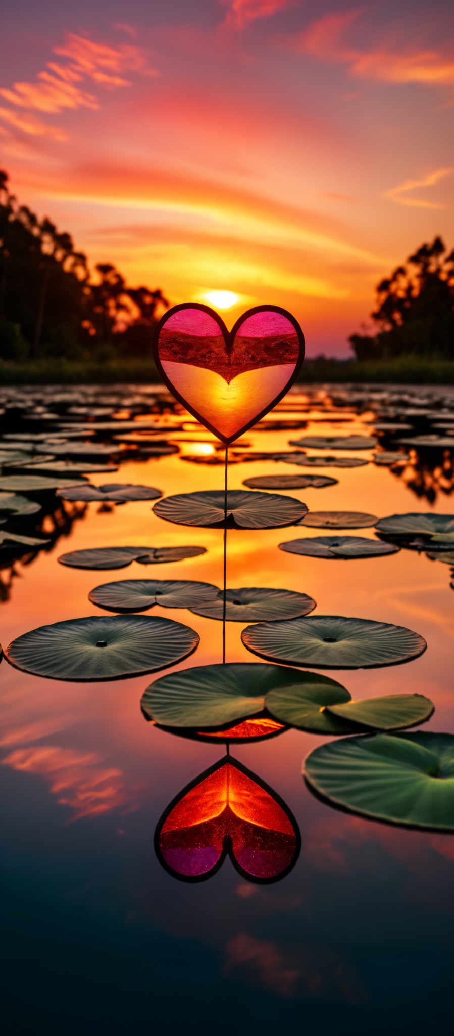 A heart-shaped kite is flying over a pond filled with lily pads.