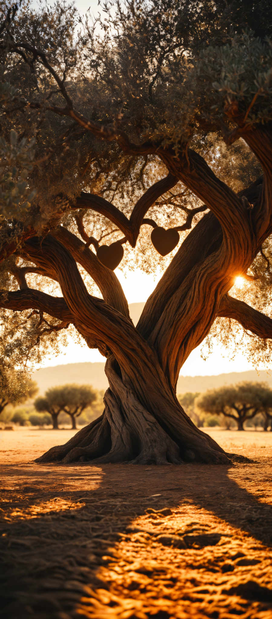 A heart-shaped tree with a twisted trunk and branches. The tree is surrounded by other trees and a field. The sun is shining through the branches creating a beautiful silhouette. The image is a beautiful representation of nature and love.