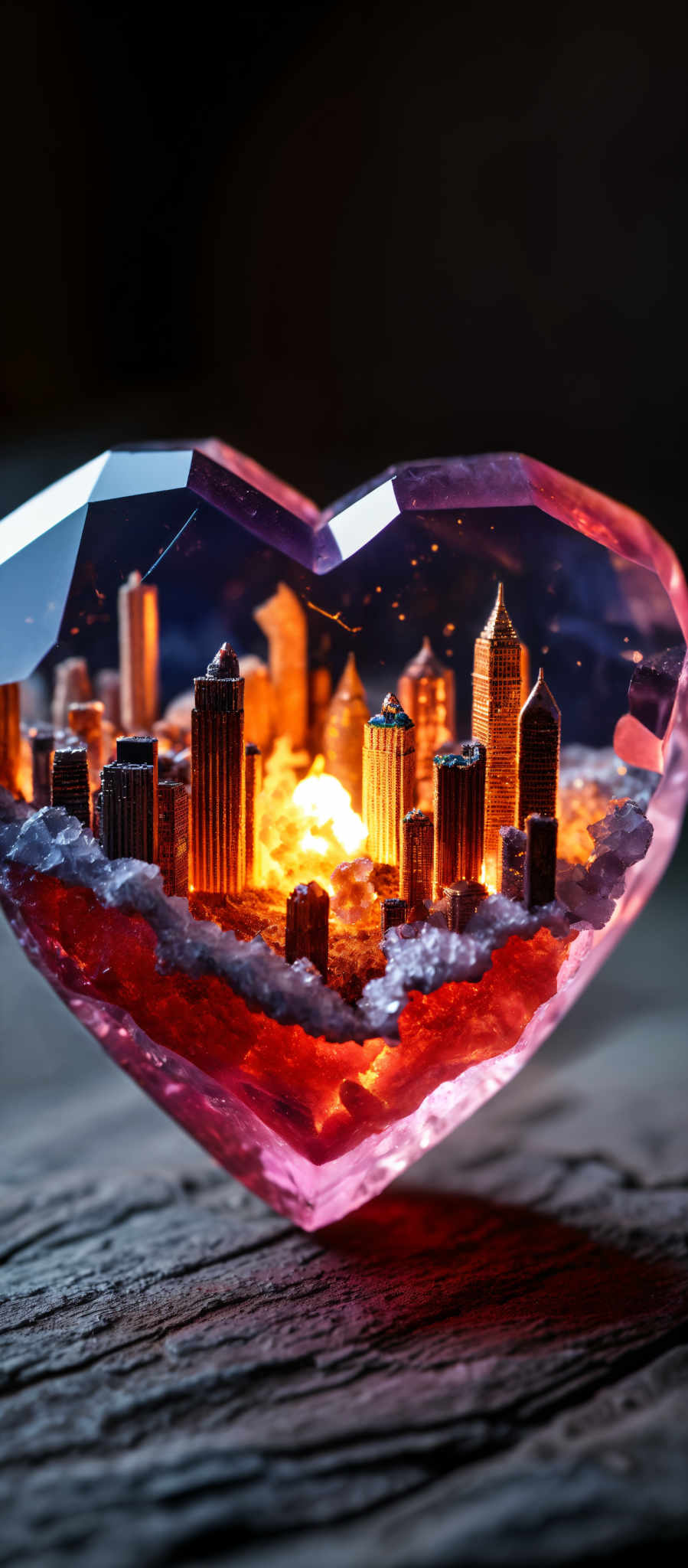 A heart-shaped crystal sculpture of a city skyline.