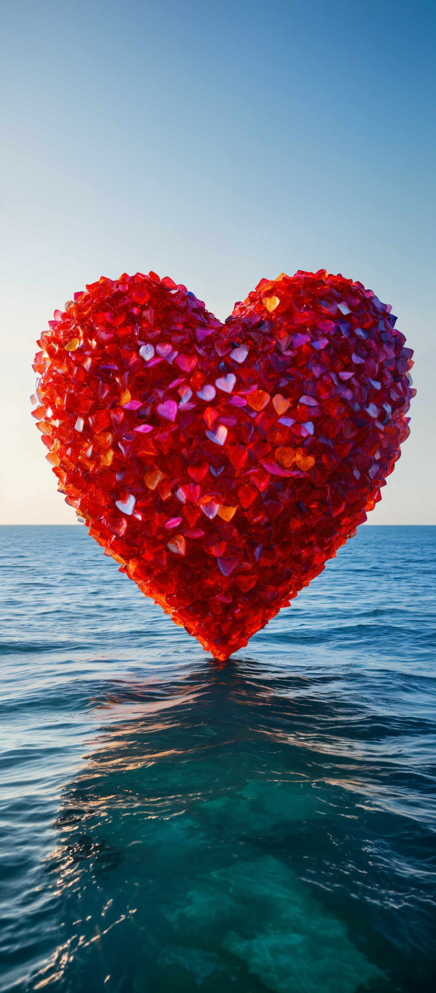 A heart-shaped sculpture made of red and pink glass pieces.