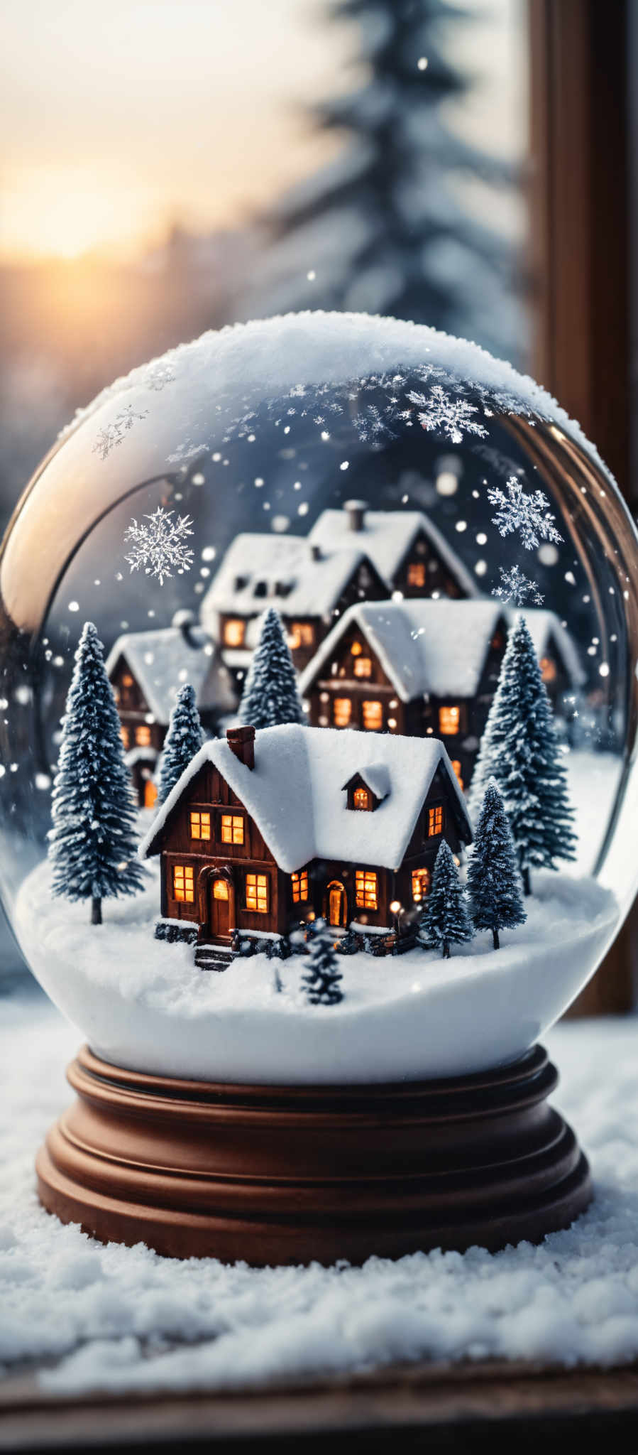 A snow globe with a wooden house and trees.