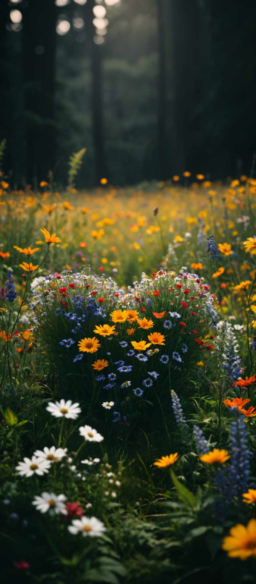 A vibrant field of flowers in full bloom with a variety of colors including yellow orange red and blue. The flowers are in the foreground creating a beautiful contrast with the green grass in the background. The image captures the essence of a sunny day in a garden with the flowers in sharp focus and the background slightly blurred. The colors are vivid and the image is rich in detail.