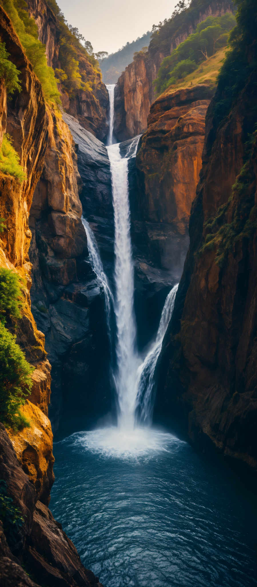 A waterfall cascades down a rocky cliff face surrounded by lush greenery.