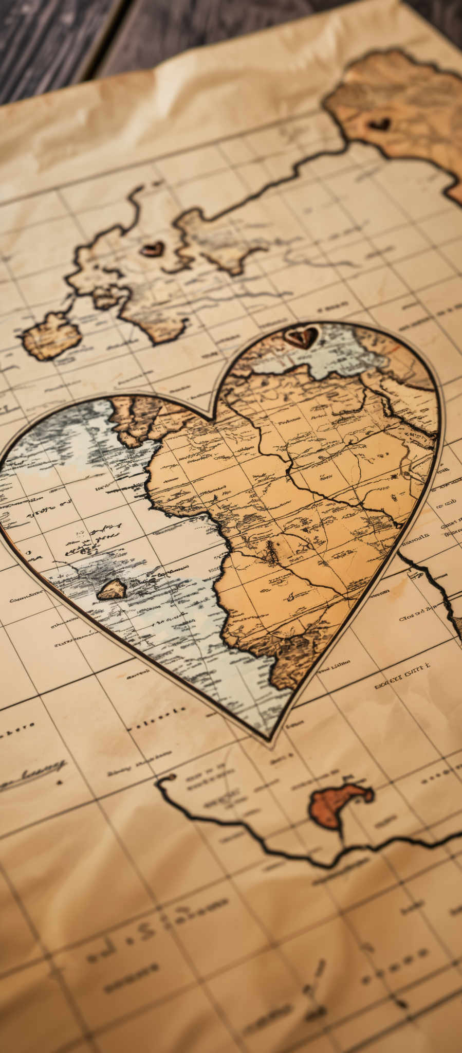 A heart-shaped map of the world with a red heart in the center.