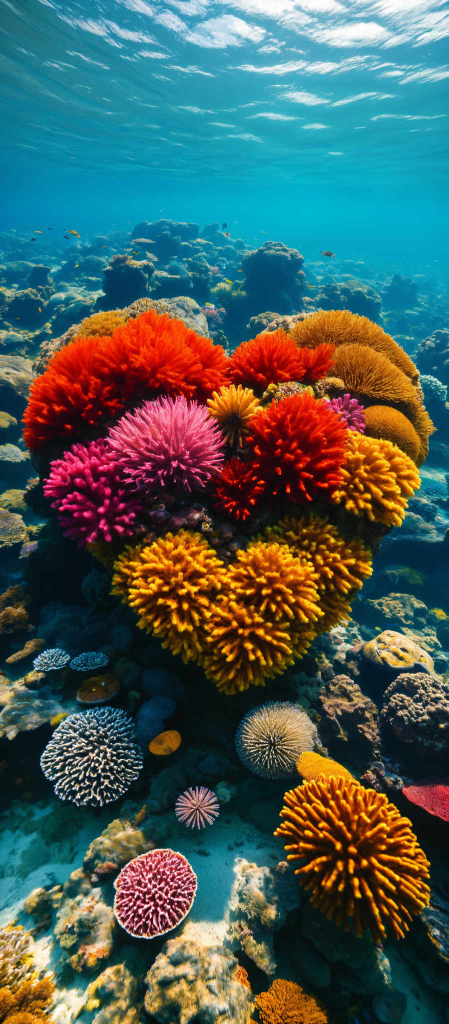 A heart-shaped arrangement of coral in the ocean.