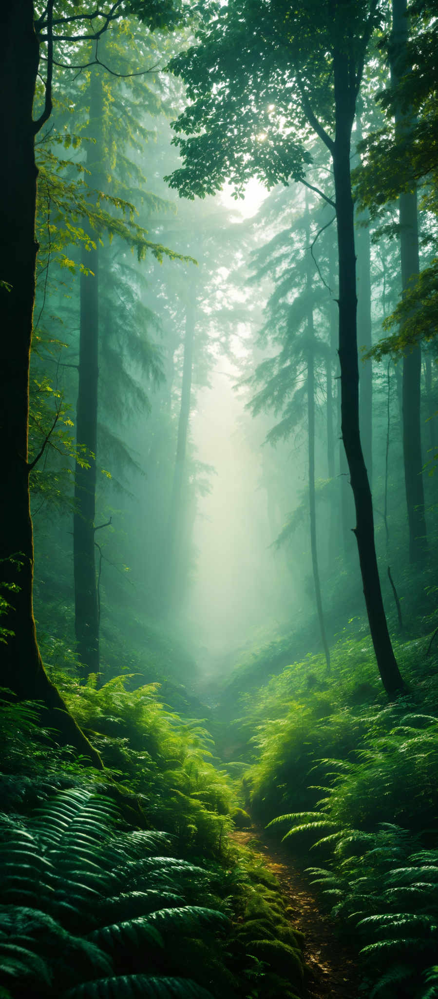 A dense forest with a misty foggy atmosphere. The trees are tall and green with a few ferns and bushes on the ground. The mist is thick obscuring the view of the forest in the distance. The forest appears to be in a temperate climate with the trees and vegetation indicating a healthy ecosystem. The image is taken from a low angle looking up at the towering trees giving a sense of scale and grandeur to the scene. The colors in the image are predominantly green and brown with some gray and white from the fog. The lighting is diffused adding to the misty atmosphere. There are no people or animals visible in the photo giving it a serene and untouched feel. The photo appears to have been taken during the day as the lighting is natural and not artificial. The overall mood of the photo is peaceful and calming inviting the viewer to imagine themselves walking through the mist and exploring the forest.