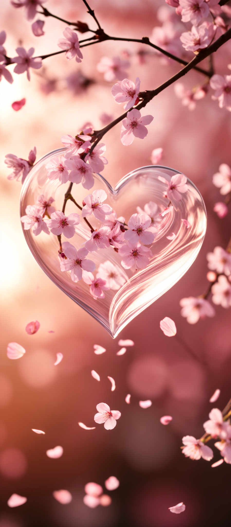 A heart-shaped glass with pink flowers on it.