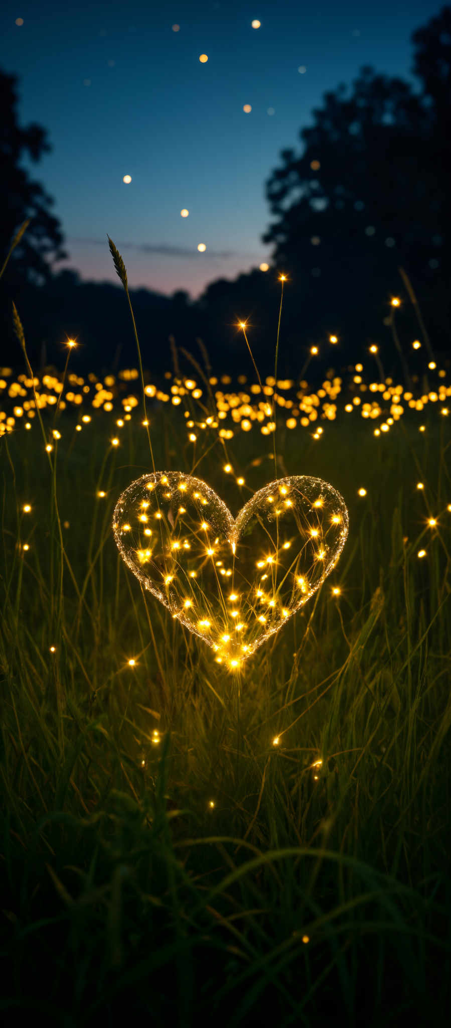 A heart made of light is surrounded by a field of tall grass.