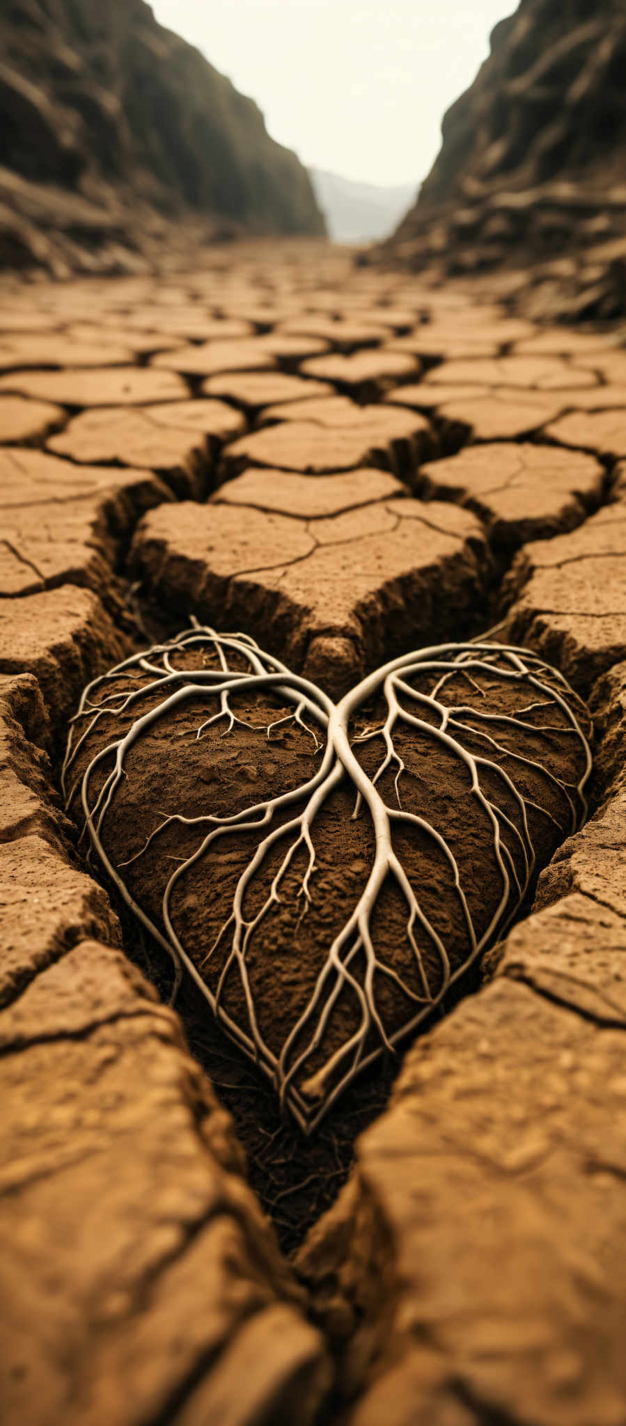 A heart-shaped image is formed by a network of white tree roots.