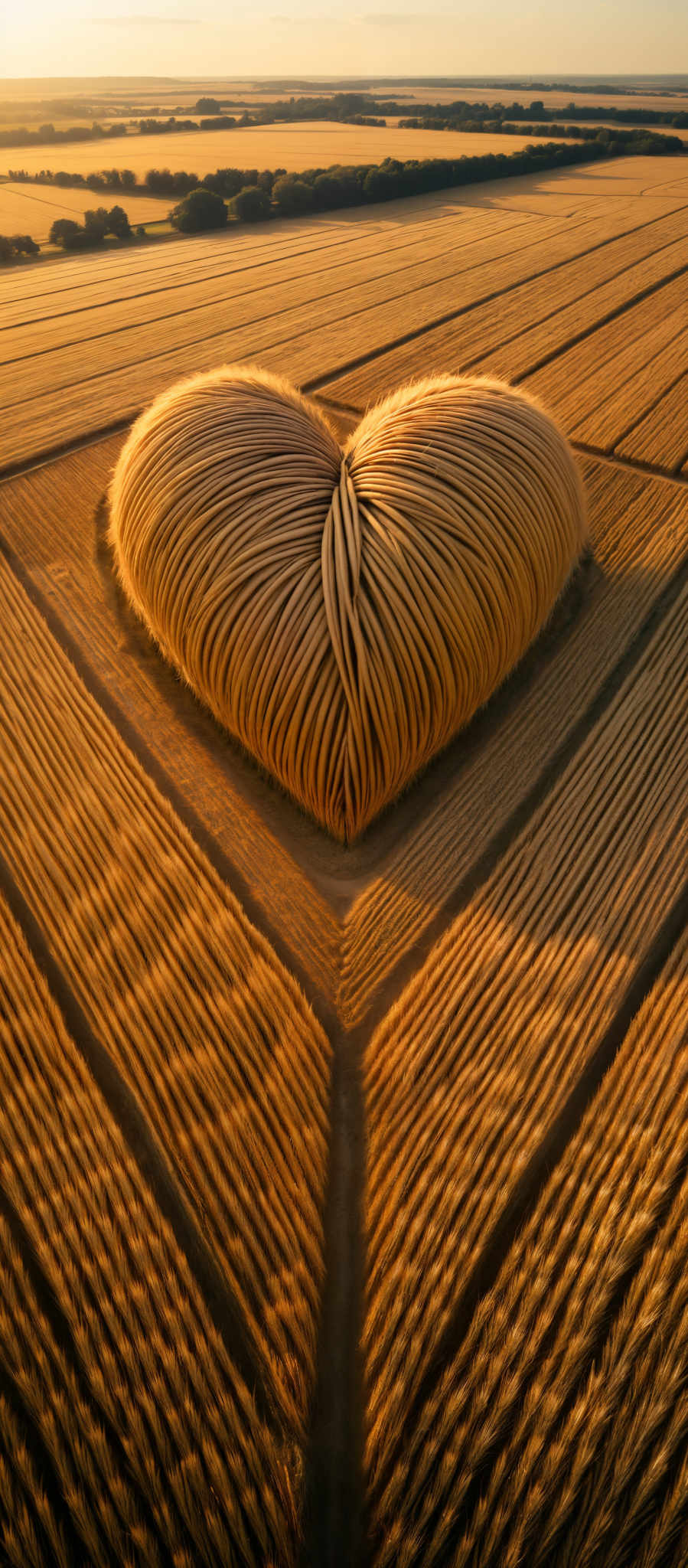 A heart-shaped sculpture made of straw is the focal point of the scene. The sculpture is intricately woven showcasing the craftsmanship of the artist. It is placed on a wooden surface which is composed of horizontal and vertical lines adding a sense of depth and perspective to the image.

The background is a blurred image of a field suggesting that the sculpture is located outdoors. The colors in the image are predominantly warm with shades of orange and yellow which could indicate a setting or rising sun. The overall composition of the photo suggests a peaceful and serene atmosphere. The heart sculpture with its intricate design stands out against the simple rustic background creating a striking contrast. The image does not contain any text or other discernible objects. The relative position of the objects is such that the heart sculpture is in the foreground while the field is in focus in the background. The wooden surface on which the sculpture rests appears to be directly beneath it further enhancing the depth of the photograph. The straw heart sculpture appears to cast a shadow on the wooden surface. The field in the distance appears to extend into the horizon providing a sense that the location is vast and open. The photo does not provide any information about the time of day or the