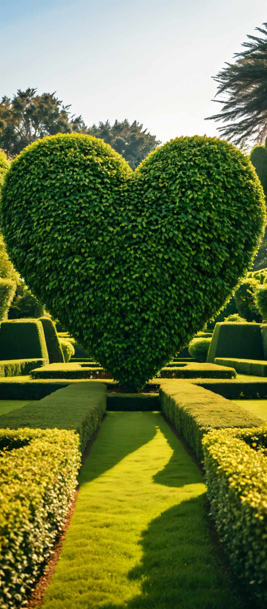 A large heart-shaped bush with green leaves is the centerpiece of a garden. The bush is surrounded by smaller bushes and hedges creating a symmetrical and balanced scene. The garden is meticulously maintained with each bush and hedge trimmed to perfection. The colors in the image are predominantly green and yellow reflecting the natural environment of the garden. This image captures the beauty and tranquility of a well-kept garden with the heart-shaped plant as its focal point.