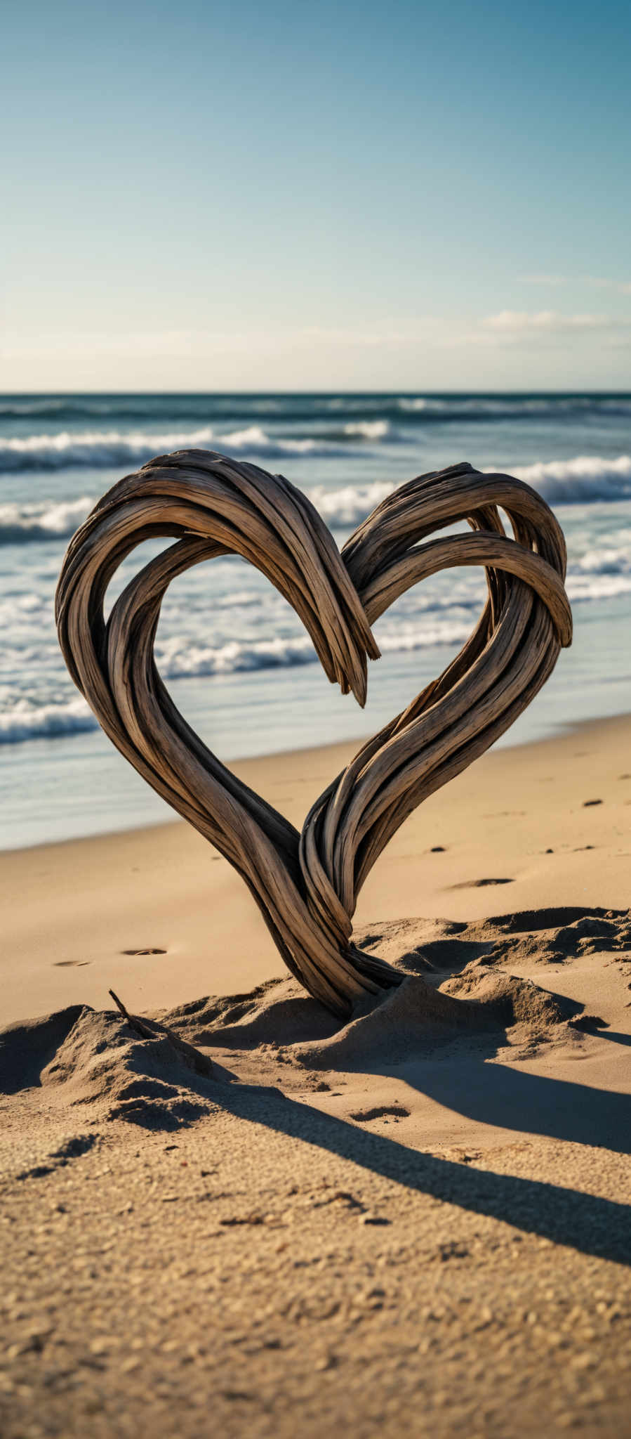 A heart shaped sculpture made of driftwood is on a sandy beach.