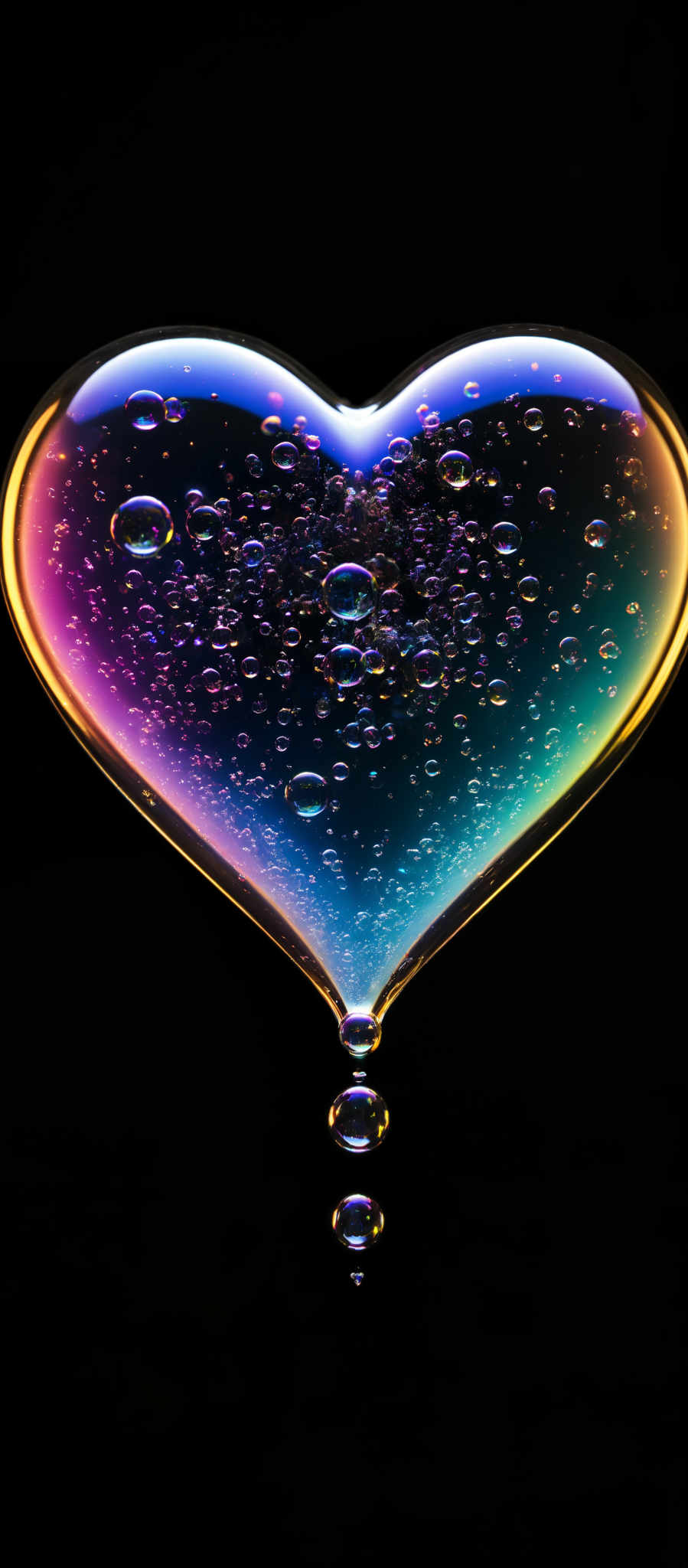 A heart-shaped object is filled with bubbles in various colors including blue purple and pink. The bubbles are in the center of the heart and are falling down.