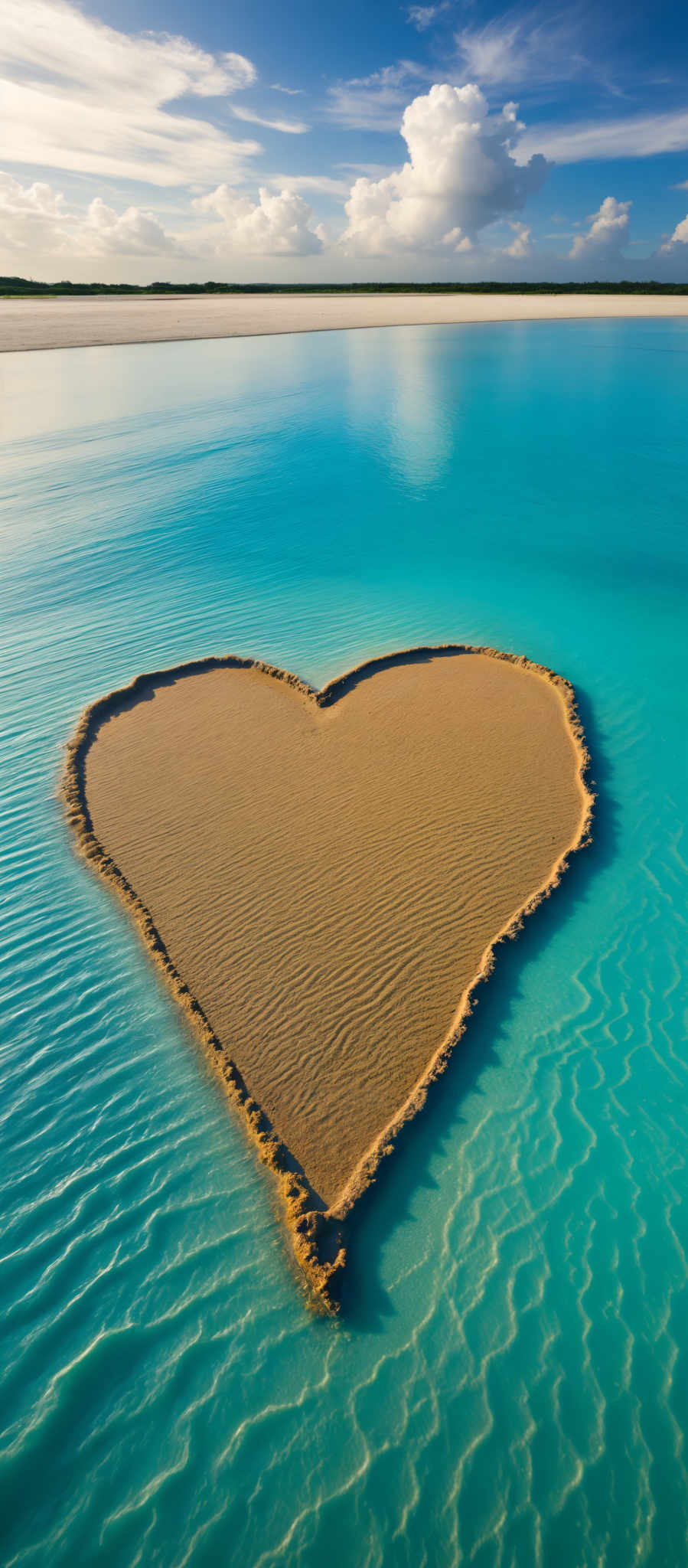 A heart-shaped island in the middle of a body of water.