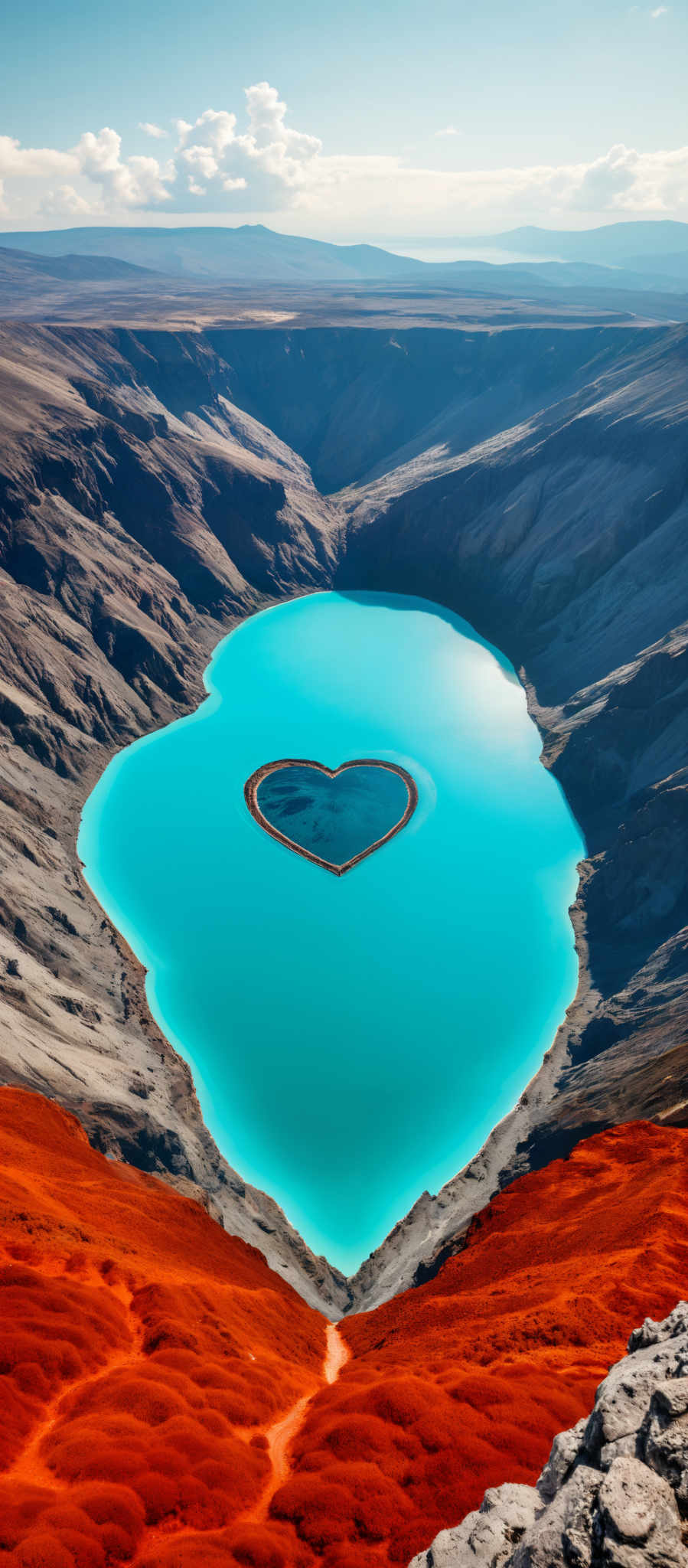 A heart-shaped hole in the center of a blue lake.