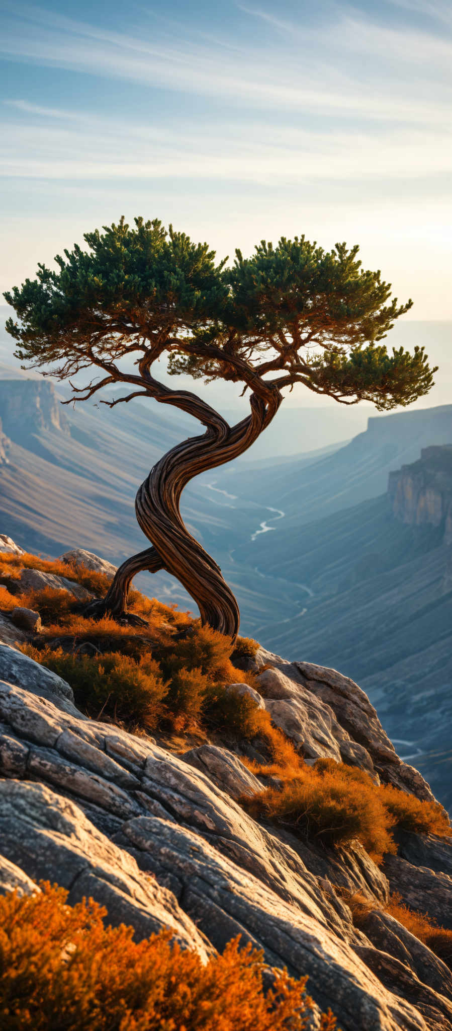 A twisted tree with a gnarled trunk and branches standing on a rocky cliff. The tree is surrounded by a field of rocks and shrubs. The background features a valley with a river and mountains. The colors in the image are predominantly orange and brown. The image does not contain any text or human figures. The relative position of the tree is central in the foreground with the valley and mountains in the background. The river is located in the middle of the valley. The mountains are situated in the distance beyond the river. The rocky cliff on which the tree stands is located on the left side of the photo. The shrubs are scattered around the base of the cliff.